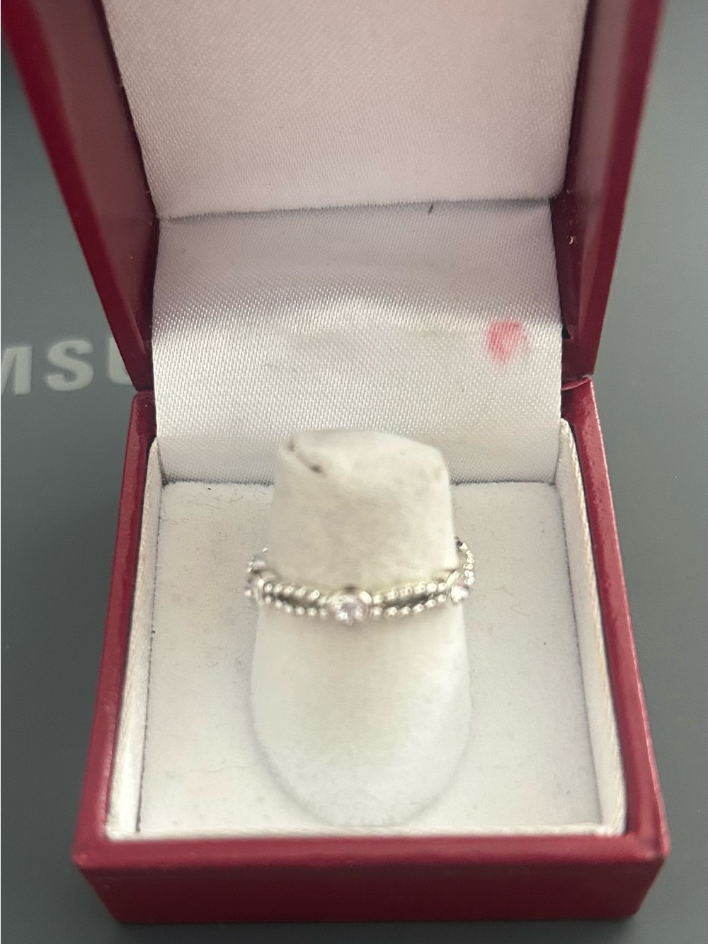 Silver Beaded Stackable Ring with Clear Stone - White